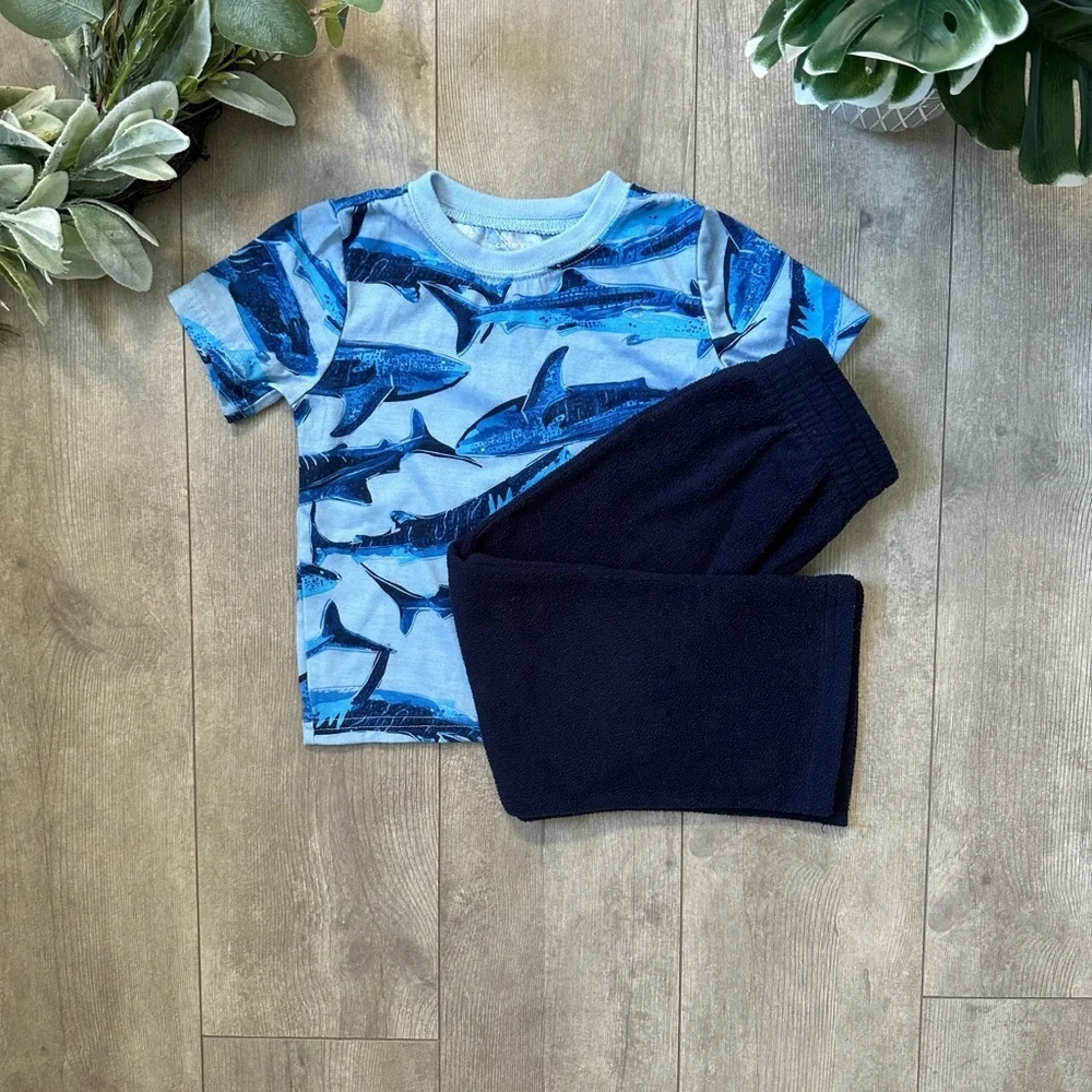 Toddler Boy Clothes Outfit Blue Shark T-Shirt + Fleece Pants Set Carters & Place